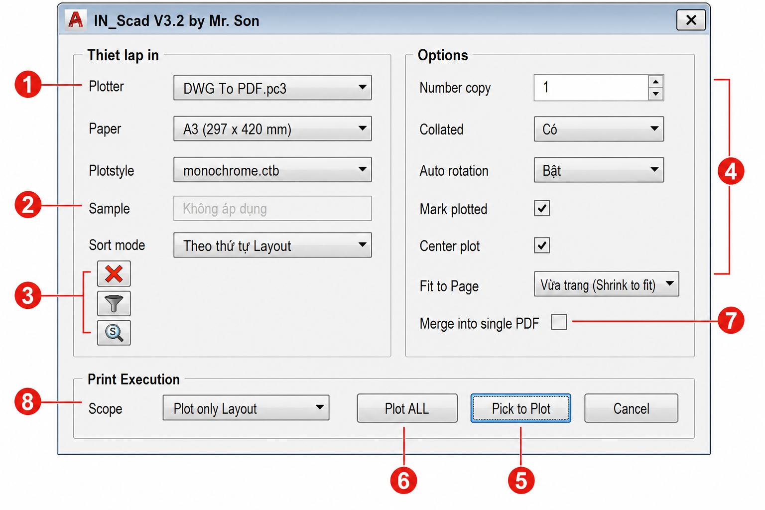 Hộp thoại IN_Scad — thiết lập in PDF / máy in